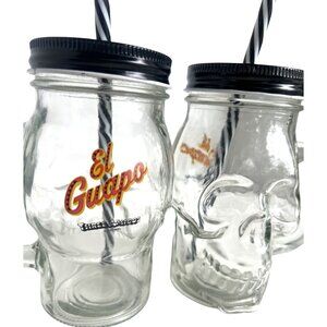 Vtg El Guapo Three Amigos Skull Glass Mason Jar Mugs Handles & Straws Cosumel